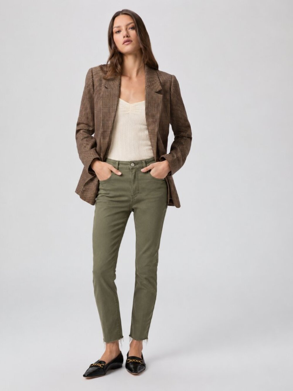 PAIGE Olive Green Hoxton Slim Raw Hem Jeans Premium Denim Minimalist Casual 26